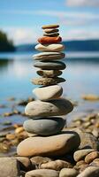 Coastal cairn Stones arranged in a seaside pyramid, a tranquil and natural monument Vertical Mobile Wallpaper AI Generated photo