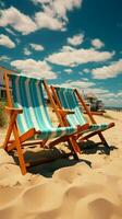 Coastal comfort Beach chairs on sandy shore beneath sunny blue sky and clouds Vertical Mobile Wallpaper AI Generated photo