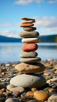 Coastal cairn Stones arranged in a seaside pyramid, a tranquil and natural monument Vertical Mobile Wallpaper AI Generated photo