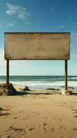 costero lona desocupado cartelera conjunto en contra Oceano panorama en arenoso playa vertical móvil fondo de pantalla ai generado foto