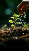 Cycle of nature Hand sprinkles soil on green bokeh, planting or remembrance concept Vertical Mobile Wallpaper AI Generated photo