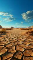 Deserts transformation Cracked land and dry soil emblematic of climate change Vertical Mobile Wallpaper AI Generated photo