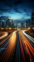 Dynamic city highway Overpass motion blur merges with urban backdrop, portraying velocity Vertical Mobile Wallpaper AI Generated photo