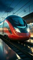 Elegance in motion High speed train streaks past station, background a dynamic blur Vertical Mobile Wallpaper AI Generated photo