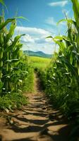 Fertile private land, rows of vibrant green corn shoots create picturesque scenery Vertical Mobile Wallpaper AI Generated photo