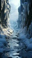 congelado aventuras ladera alpinismo hojas humano huellas grabado en Nevado camino vertical móvil fondo de pantalla ai generado foto