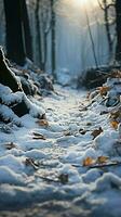 Frozen adventure Hillside climbing leaves human footprints etched in snowy path Vertical Mobile Wallpaper AI Generated photo