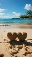 Heartfelt connection Two handwritten hearts on sandy beach, framed by tropical backdrop Vertical Mobile Wallpaper AI Generated photo