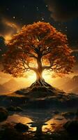 Golden sentinel Sun kissed tree silhouette stands amidst radiant sunbeam backdrop Vertical Mobile Wallpaper AI Generated photo