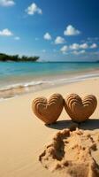 Heartfelt connection Two handwritten hearts on sandy beach, framed by tropical backdrop Vertical Mobile Wallpaper AI Generated photo