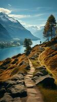 Hiking through mountains with trail leading to breathtaking lakeside vista Vertical Mobile Wallpaper AI Generated photo