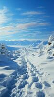 ladera viaje nieve cubierto huellas rastro humano escalada en medio de sereno Nevado terreno vertical móvil fondo de pantalla ai generado foto
