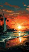 horizonte viaje, forrado de palmeras playa, navegación yate a puesta de sol ilustrado costero escapar en vectores vertical móvil fondo de pantalla ai generado foto