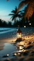 Island serenity Sand, palm, bokeh backdrop portray vacation concept, offering copy space Vertical Mobile Wallpaper AI Generated photo