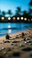 Island serenity Sand, palm, bokeh backdrop portray vacation concept, offering copy space Vertical Mobile Wallpaper AI Generated photo