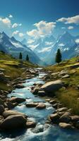 Alpine journey, Hiking through mountains, lakes view captivating landscape unfolds with trails Vertical Mobile Wallpaper AI Generated photo