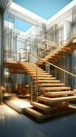 Artistic vertical space 3D wireframe portrays sketch design, showcasing captivating stair hall Vertical Mobile Wallpaper AI Generated photo