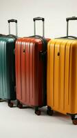 Luggage collection Set of suitcases displayed on a pristine white surface Vertical Mobile Wallpaper AI Generated photo