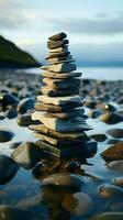 Maritime monument Sea coast stones form a pyramid, echoing ancient traditions by waves Vertical Mobile Wallpaper AI Generated photo