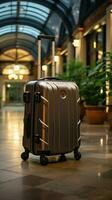 Mobile efficiency Suited traveler wheels trolley, talks business on phone in lobby Vertical Mobile Wallpaper AI Generated photo