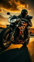 Morning throttle Motorcyclist races on sunrise lit highway, ample copy space enhancing composition Vertical Mobile Wallpaper AI Generated photo