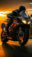 Morning throttle Motorcyclist races on sunrise lit highway, ample copy space enhancing composition Vertical Mobile Wallpaper AI Generated photo