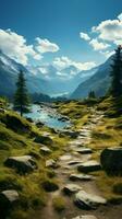 Mountain landscape with hiking trail and view of beautiful lakes Vertical Mobile Wallpaper AI Generated photo