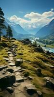 Mountain landscape with hiking trail and view of beautiful lakes Vertical Mobile Wallpaper AI Generated photo