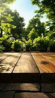 Natures showcase Vacant wooden table in park, ready for product displays amidst greenery Vertical Mobile Wallpaper AI Generated photo