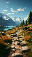 Natures allure Mountain trail leads to mesmerizing lakeside vista, perfect for exploration Vertical Mobile Wallpaper AI Generated photo