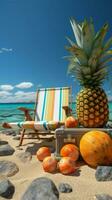 beach chair with umbrella,palm tree,lifebuoy,seaside,pineapple, sunglasses,suitcase isolated on blue sky background summer travel concept Vertical Mobile Wallpaper AI Generated photo