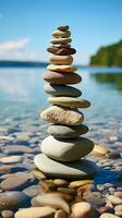 Nautical formation Sea kissed stones stacked into a pyramid along the shore Vertical Mobile Wallpaper AI Generated photo