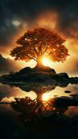 Natures theater Silhouetted tree takes center stage, framed by glowing sun rays Vertical Mobile Wallpaper AI Generated photo