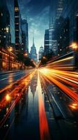 Nocturnal energy Light trails on street capture citys dynamic nature amidst cityscape Vertical Mobile Wallpaper AI Generated photo