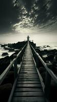 Noir coastal scene, Fishing jetty depicted in evocative black and white tones Vertical Mobile Wallpaper AI Generated photo