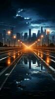 Nocturnal journey Side view asphalt road under city lights in the night Vertical Mobile Wallpaper AI Generated photo