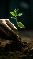 nutriendo crecimiento mano agrega suelo a verde fondo, simbolizando plantando o remembranza vertical móvil fondo de pantalla ai generado foto