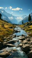 Alpine journey, Hiking through mountains, lakes view captivating landscape unfolds with trails Vertical Mobile Wallpaper AI Generated photo