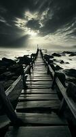 Noir coastal scene, Fishing jetty depicted in evocative black and white tones Vertical Mobile Wallpaper AI Generated photo