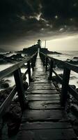 Noir coastal scene, Fishing jetty depicted in evocative black and white tones Vertical Mobile Wallpaper AI Generated photo