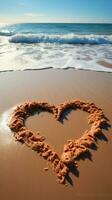 Oceanic affection Sandy heart on beach, with waves providing a scenic backdrop Vertical Mobile Wallpaper AI Generated photo