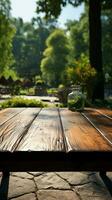 Outdoor exhibit platform Unoccupied wooden table in park, perfect for nature themed presentations Vertical Mobile Wallpaper AI Generated photo