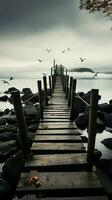 Piers grace, Monochromatic portrayal of a fishing jetty, quiet and contemplative Vertical Mobile Wallpaper AI Generated photo