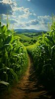 Private farms expanse, orderly rows of young corn showcase lush green growth Vertical Mobile Wallpaper AI Generated photo