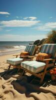 Sandy recliners Chaise lounges on the beach offer restful waterfront relaxation Vertical Mobile Wallpaper AI Generated photo