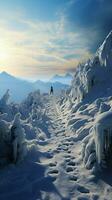 Scaling snowy heights Footprints mark hillside climb in icy, picturesque surroundings Vertical Mobile Wallpaper AI Generated photo