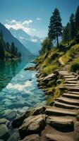 Scenic mountain path unveils stunning lakeside view, perfect for nature enthusiasts Vertical Mobile Wallpaper AI Generated photo