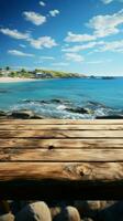 Seascape fusion Wooden table amidst blurred sea island and expansive blue sky Vertical Mobile Wallpaper AI Generated photo