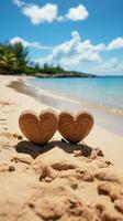 Seaside affection Two hearts handwritten on sandy shore with tranquil tropical backdrop Vertical Mobile Wallpaper AI Generated photo