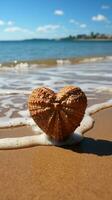 Seaside love Heart etched on beach sand with backdrop of rolling waves Vertical Mobile Wallpaper AI Generated photo